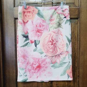 Catherine Malandrino Sz 8 Skirt Pink Floral Stretchy Dressy Knee Length Business